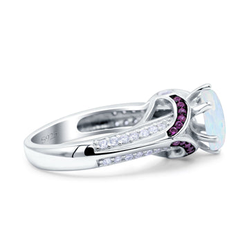Split Shank Halo Oval Wedding Ring Amethyst Lab Created White Opal 925 Sterling Silver